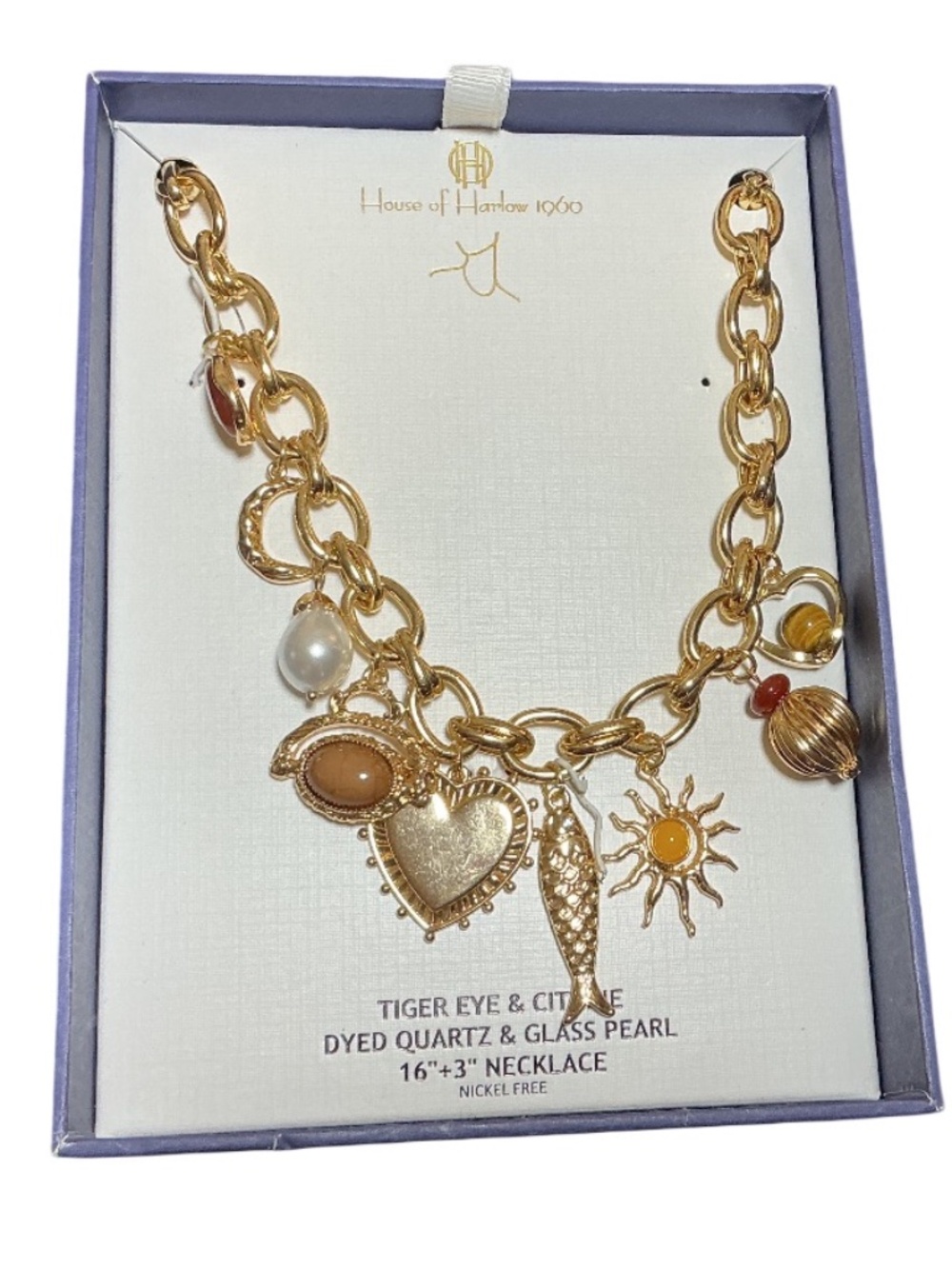 House of Harlow 1960 Chunky Gold Charm Necklace, Tiger Eye, Citrine & Pearl, Nwt